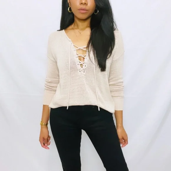 Loft | Beige Knit Long Sleeve Sweater V-Neck Lace Up Top - Picture 8 of 10
